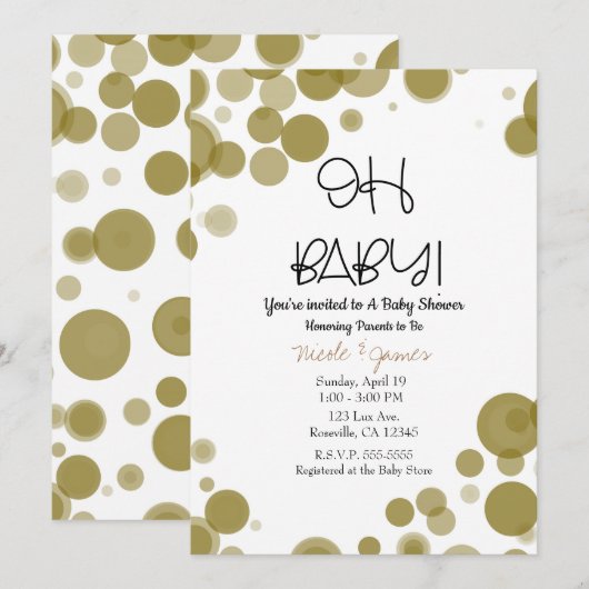 金ゴールド&ホワイト水玉模様バブルOHベビーシャワー 招待状 (正面/裏面)