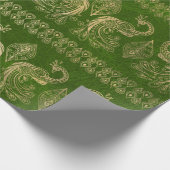 金ゴールド·ボホ·ピーコックスオンブライトグリーン ラッピングペーパー (角)
