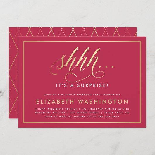 金ゴールド&マゼンタサプライズ誕生日パーティー 招待状 (正面/裏面)