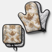 金ゴールド&マーブルキッチンミット 鍋つかみ&鍋敷きセット (正面/裏面)