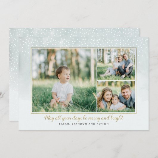 金ゴールド&ミントウォーターカラーコラージュホリデーカード シーズンカード (正面/裏面)