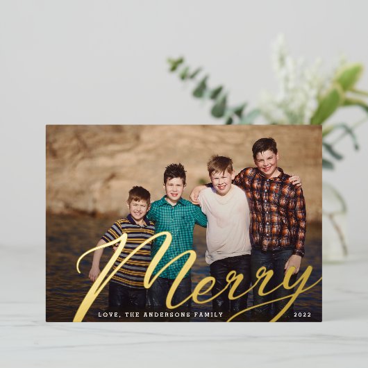 金ゴールド メリー |クリスマスランドスケープファミリーフォトフォイル 箔シーズンカード (立ち正面)
