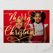 金ゴールド メリー |クリスマスレタリング家族の写真 箔シーズンカード (正面)