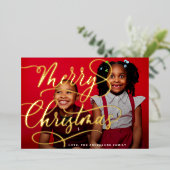 金ゴールド メリー |クリスマスレタリング家族の写真 箔シーズンカード (立ち正面)