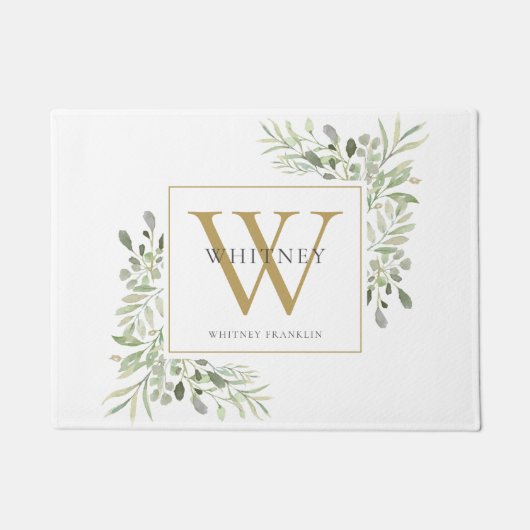 金ゴールド・モノグラパーソナライズされたム・フローラ・グリーナリー ドアマット (正面)