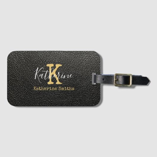 金ゴールド・モノグラム・イニシャルと名前（黒） ラゲッジタグ (正面横)