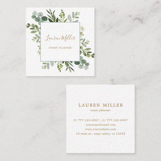 金ゴールド|ユーカリの緑の水彩 スクエア名刺 (正面/裏面)