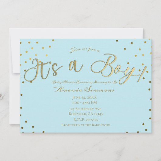 金ゴールド&ライトブルーモダン男の子の赤ちゃんシャワー 招待状 (正面)
