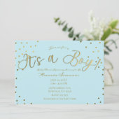 金ゴールド&ライトブルーモダン男の子の赤ちゃんシャワー 招待状 (スタンド正面)