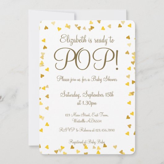 金ゴールド·ラブ·ハートがベビーシポップ・アートのャワー/スプリンクルの準備完了 招待状 (正面)
