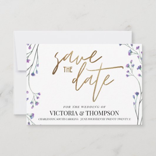 金ゴールド·ラベンダー·フローラ結婚ズ セーブザデート (正面)
