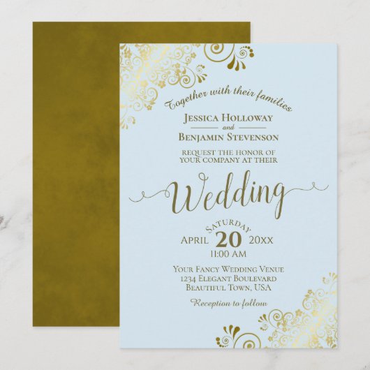 金ゴールド・レエレガントース・クライグラフィ・パウダー・ブルー結婚ズ  招待状 (正面/裏面)