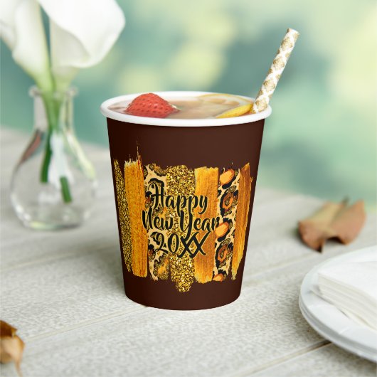 金ゴールド&レオパードブラシストローク新年20xx 紙コップ (インサイチュ)