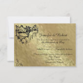 金ゴールド・レスポンス・カード上の黒い封筒マスク 出欠カード (正面)