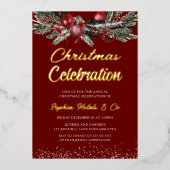 金ゴールド&レッドアニュアルクリスマスパーティーお祝い金ゴールド 箔招待状 (正面)