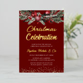 金ゴールド&レッドアニュアルクリスマスパーティーお祝い金ゴールド 箔招待状 (立ち正面)