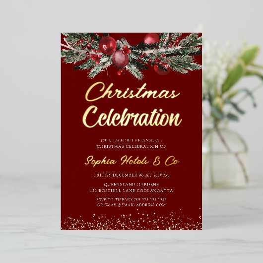 金ゴールド&レッドアニュアルクリスマスパーティーお祝い金ゴールド 箔招待状 (立ち正面)