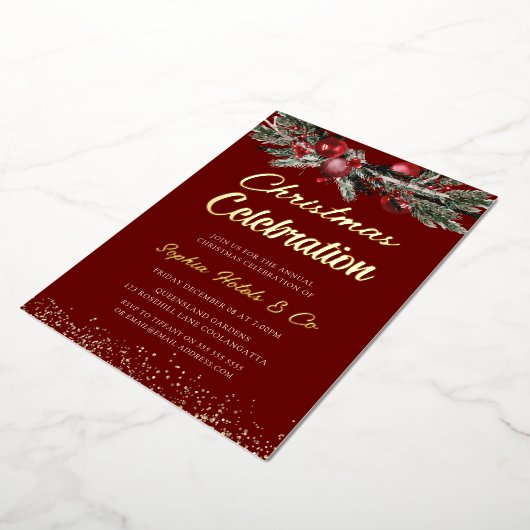金ゴールド&レッドアニュアルクリスマスパーティーお祝い金ゴールド 箔招待状 (回転した状態)