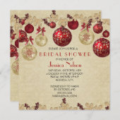 金ゴールド/レッドウィンターホリデーオーナメントブライダルシャワー 招待状 (正面/裏面)