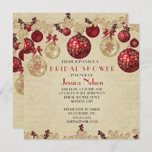 金ゴールド/レッドウィンターホリデーオーナメントブライダルシャワー 招待状 (正面/裏面)