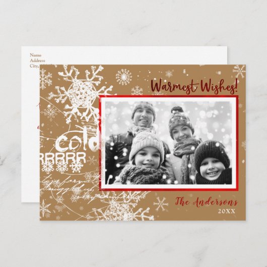 金ゴールド&レッドウィンター暖かい願いホリデーフォトモダンー シーズンポストカード (正面/裏面)