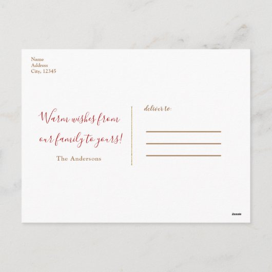 金ゴールド&レッドウィンター暖かい願いホリデーフォトモダンー シーズンポストカード (裏面)