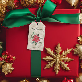 金ゴールド，レッドウォーター色ポインセティアホリデイ ギフトタグ