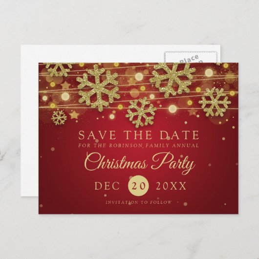 金ゴールド&レッドクリスマスパーティーセーブザデートグリッター 案内ポストカード (正面/裏面)