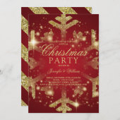 金ゴールド&レッドグリッタースノーフレーククリスマスホリデーパーティ 招待状 (正面/裏面)
