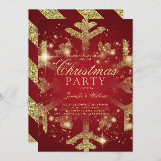 金ゴールド&レッドグリッタースノーフレーククリスマスホリデーパーティ 招待状 (正面/裏面)