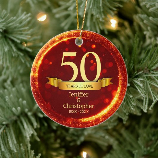 金ゴールド&レッドグリッター編集年結婚記念日 セラミックオーナメント (ツリー)