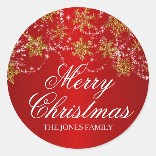 金ゴールド&レッドスノーフレーククリスマスステッカー ラウンドシール (正面)
