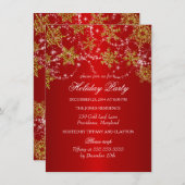 金ゴールド&レッドスノーフレーククリスマスホリデーパーティー 招待状 (正面/裏面)