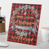 金ゴールド&レッドバッファロープレイドファミリークリスマスウェルカム 台座サイン (インサイチュ)