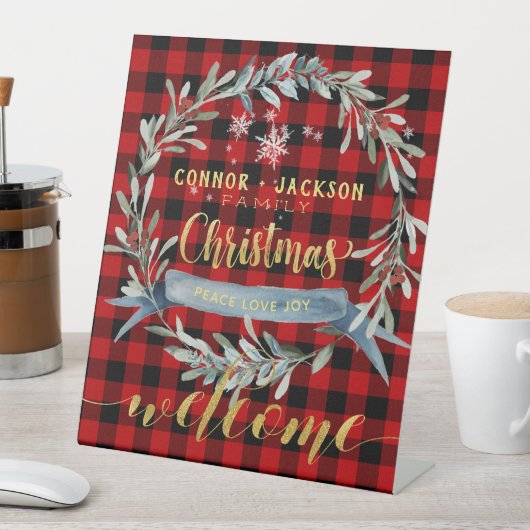 金ゴールド&レッドバッファロープレイドファミリークリスマスウェルカム 台座サイン (インサイチュ)