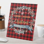 金ゴールド&レッドバッファロープレイドファミリークリスマスリース 台座サイン (インサイチュ)