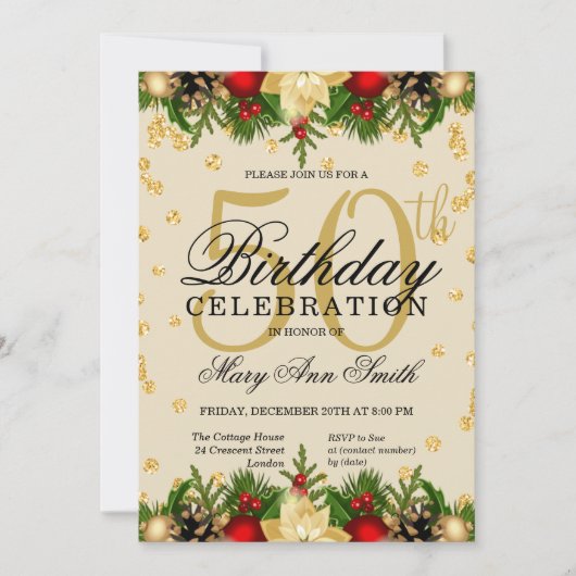 金ゴールド&レッドホリデーグリッターグラム50th誕生日インヴィ 招待状 (正面)