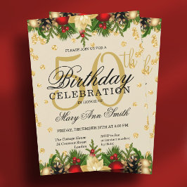 金ゴールド&レッドホリデーグリッターグラム50th誕生日インヴィ 招待状