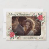 金ゴールド，レッドポインセチア写真フラットホリデーカード シーズンカード (正面)