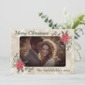 金ゴールド，レッドポインセチア写真フラットホリデーカード シーズンカード (スタンド正面)