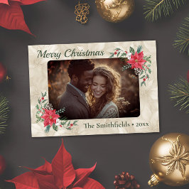 金ゴールド，レッドポインセチア写真フラットホリデーカード シーズンカード