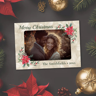 金ゴールド，レッドポインセチア写真フラットホリデーカード シーズンカード