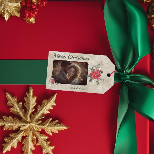 金ゴールド,レッドポインセチア写真ホリデー ギフトタグ