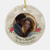 金ゴールド，レッドポインセチア写真ホリデー セラミックオーナメント (正面)