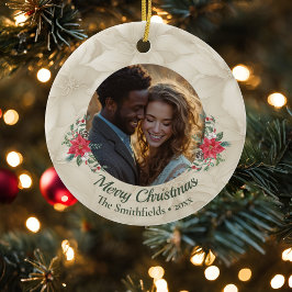 金ゴールド，レッドポインセチア写真ホリデー セラミックオーナメント