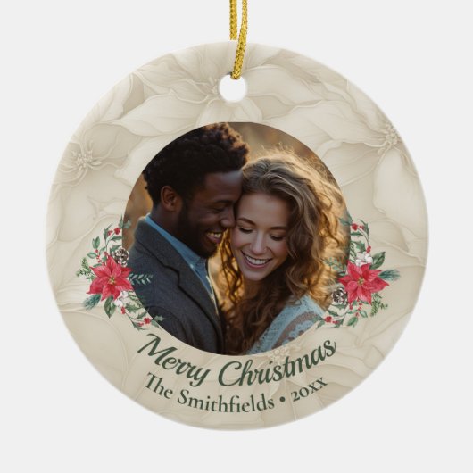 金ゴールド，レッドポインセチア2サイド写真ホリデー セラミックオーナメント (正面)