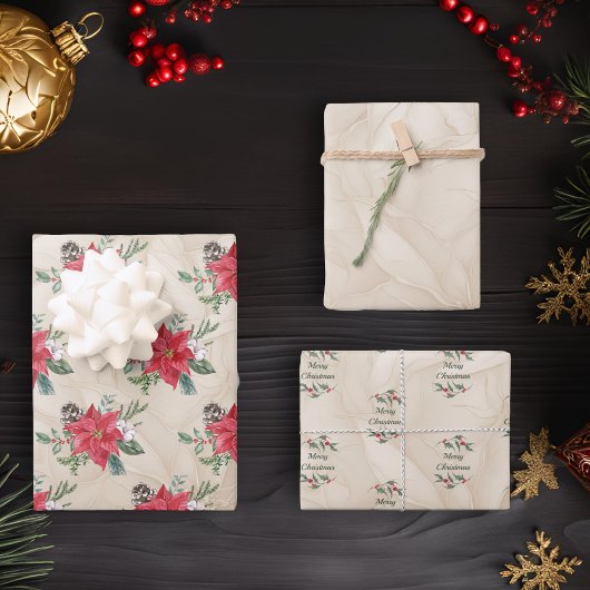 金ゴールド，レッドポインセティアホリデイ ラッピングペーパーシート