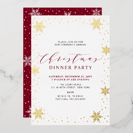 金ゴールド&レッドモダンクリスマスホリデーディナーパーティー 箔招待状 (正面/裏面)