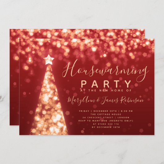金ゴールド&レッド引っ越し祝いパーティーパーティークリスマスホリデーズ 招待状 (正面/裏面)