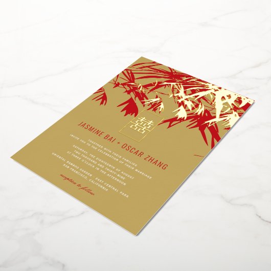 金ゴールド&レッド竹葉ダブル西中国の結婚氏 箔招待状 (回転した状態)